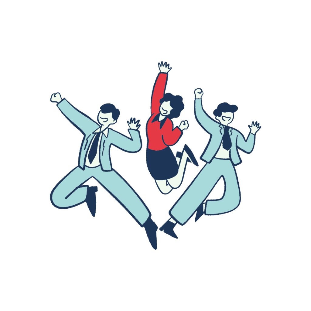 Graphic design of three people jumping of joy in the relief of not worrying anymore