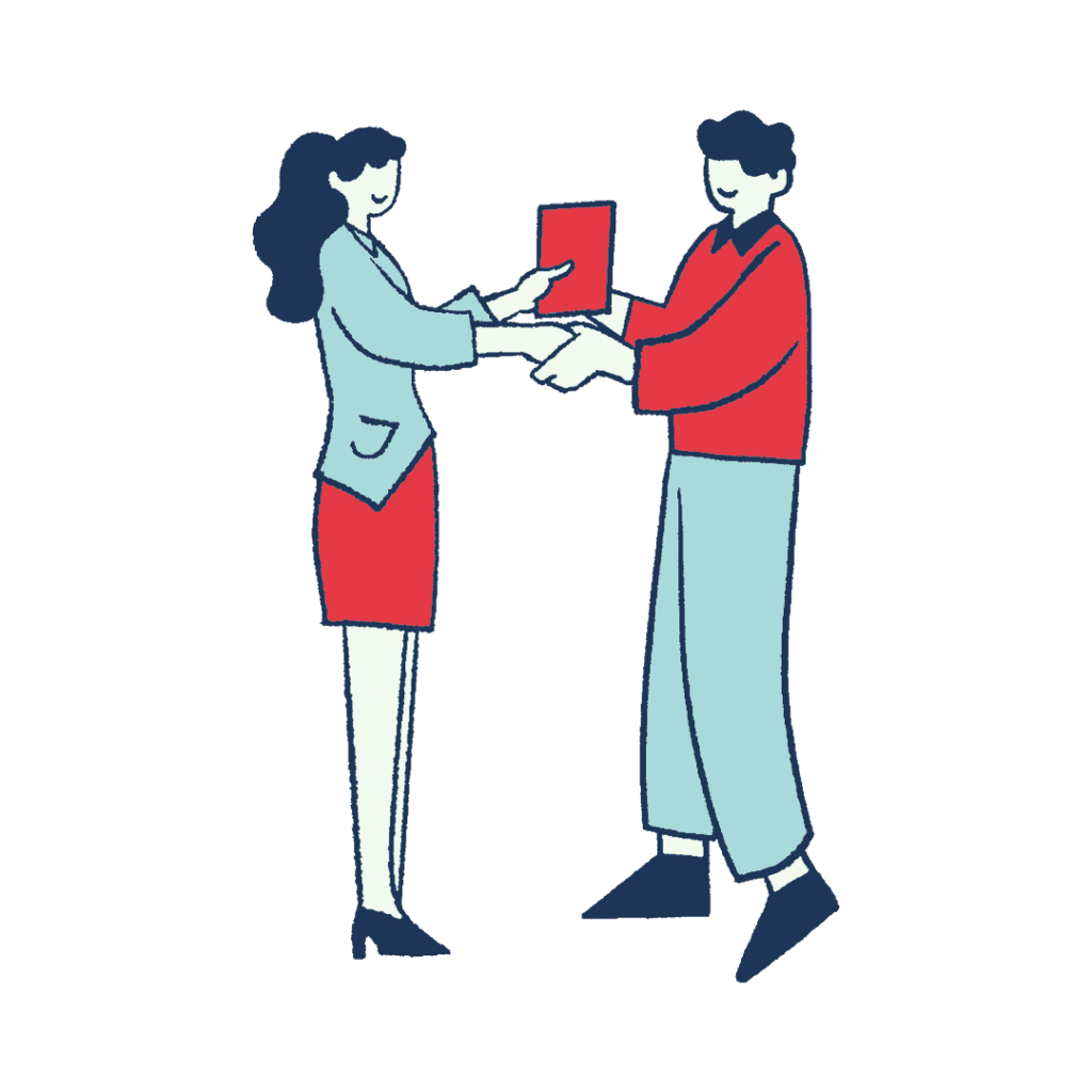 Graphic design of two people making a deal with a fixed fee.
